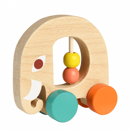 Multi-coloured wooden push along toy in shape of elephant with four wheels and two movable beads