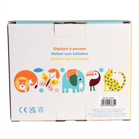 Wild Wonders push along elephant toy back of box