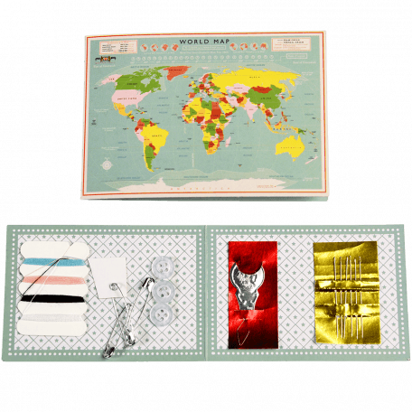 Shirt repair kit with card sleeve with vintage style world map print closed and open