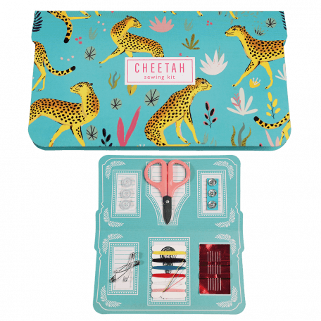 Sewing kit with card sleeve in turquoise and with cheetah print closed and open