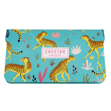 Sewing kit card sleeve in turquoise with cheetah print