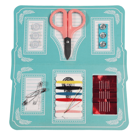 Sewing kit components: buttons, scissors, popper studs, safety pins, threads, needle threader and needles