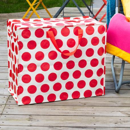 Recycled plastic jumbo storage bag red circles cream background