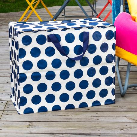 Recycled plastic jumbo storage bag navy blue circles cream background