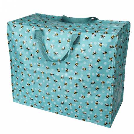 Recycled plastic jumbo storage bag in turquoise with print of bumblebees