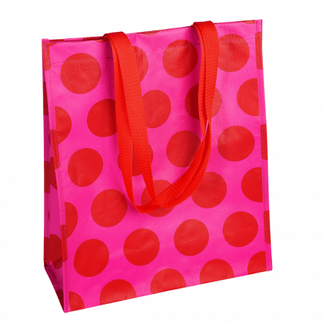 Recycled plastic shopping bag in pink with red spots