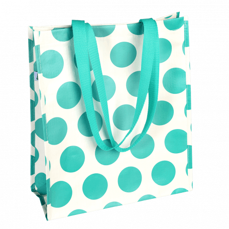 Recycled plastic shopping bag in cream with turquoise spots