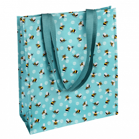 Recycled plastic shopping bag in turquoise with print of bumblebees