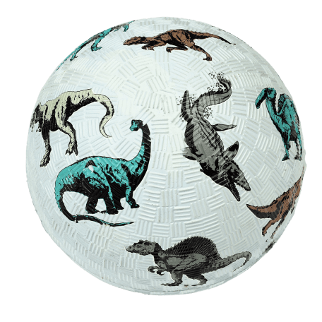 Pale blue inflatable rubber ball with dinosaur print