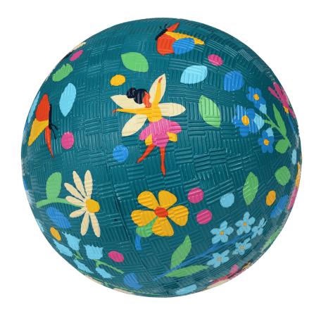 Dark blue inflatable rubber ball with fairies, flowers and butterflies print