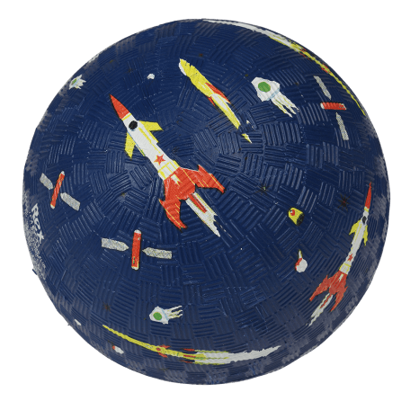 Navy blue inflatable rubber ball with space themed print