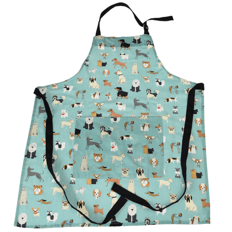 Recycled cotton apron in blue-green with dog print