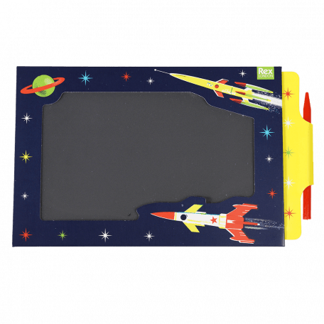 Magic Slate toy in navy blue with space rockets, stars and planet design