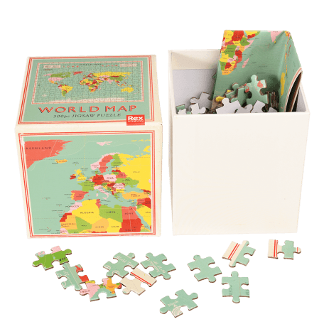 World Map puzzle pieces and guide sheet in box