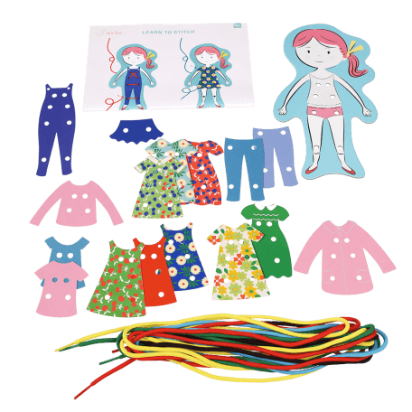 Dress-up dolly kit parts: string, card clothing pieces, figure card and instruction sheet