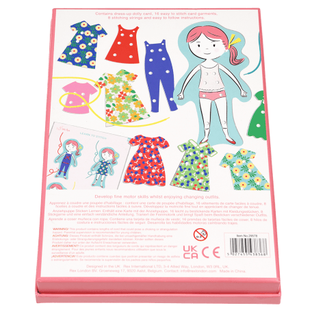 Learn to Stitch dress-up dolly kit box back with information