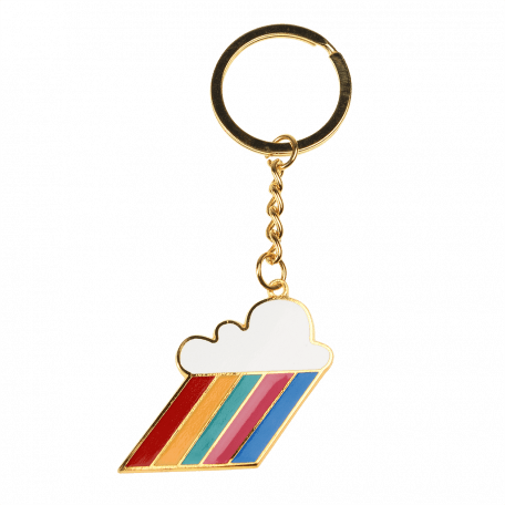 Gold coloured keyring with cloud and rainbow-coloured beams charm