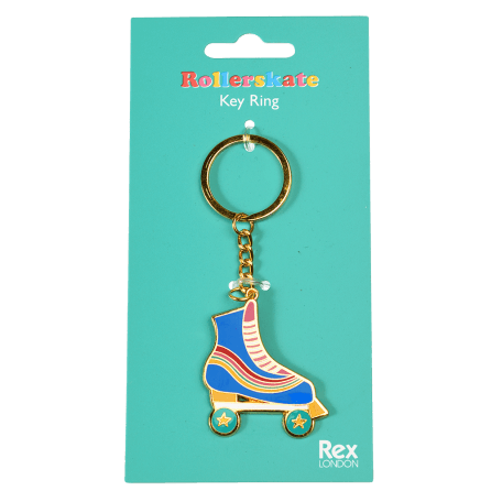 Keyring with roller skate charm attached to packaging