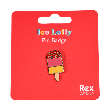 Ice lolly pin badge attached to packaging