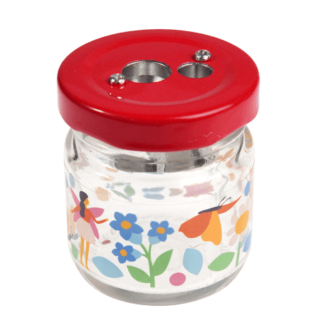 Pencil sharpener with glass jar decorated with fairies, flowers and butterfly print