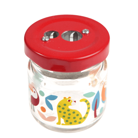 Pencil sharpener with glass jar decorated with colourful wild animals print