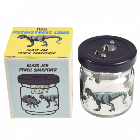 Prehistoric Land glass jar pencil sharpener with box