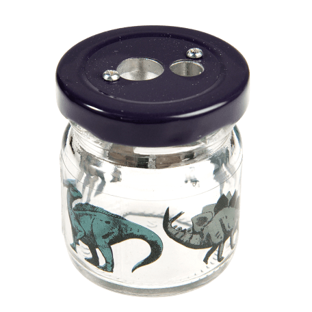 Pencil sharpener with glass jar decorated with dinosaur print