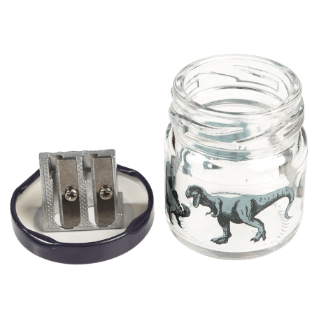 Prehistoric Land glass jar pencil sharpener with lid/sharpener removed