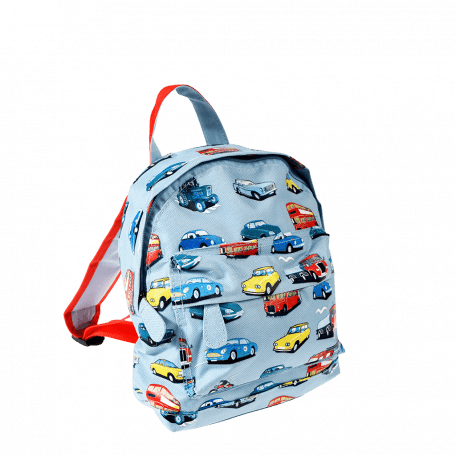 Mini children's backpack in light blue with red trim and print of vintage cars and other vehicles