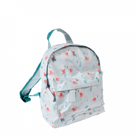 Mini children's backpack in pale aqua with teal trim and print of dancing mouse characters Mimi and Milo front view