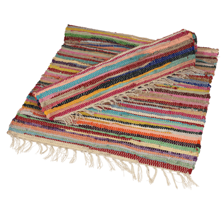 Multicoloured handloomed cotton rugs one rolled up and one partially rolled up