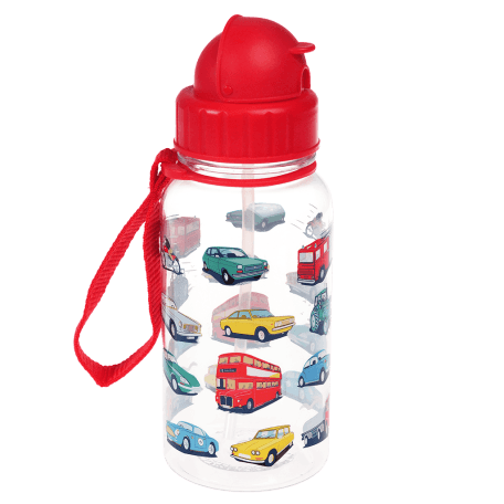 Children's water bottle with vintage cars and vehicles print, red lid and red carry strap