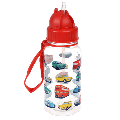 Children's water bottle with vintage cars and vehicles print showing straw