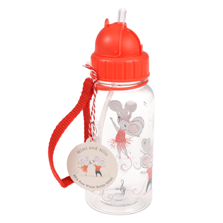 Children's water bottle with mouse characters Mimi & Milo print, red lid and red carry strap