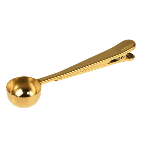 Gold coloured stainless steel coffee scoop with bag clip