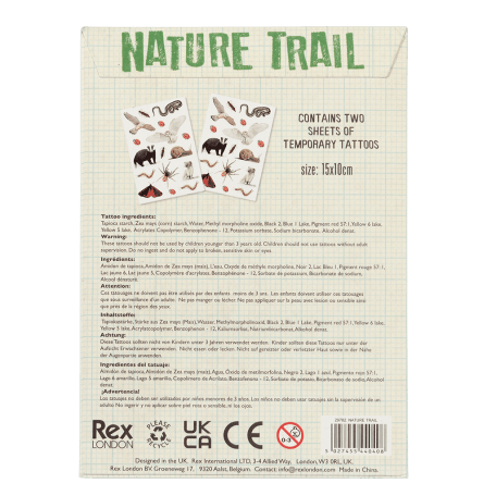 Nature Trail temporary tattoos card sleeve packaging back with information