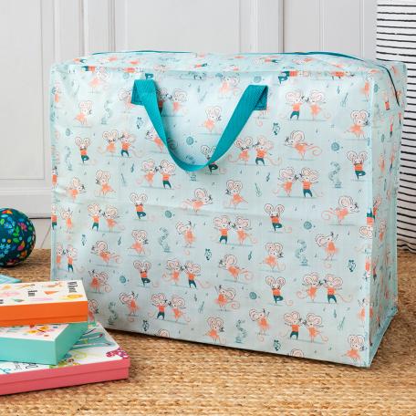 Pale aqua jumbo storage bag with print of dancing mouse characters Mimi and Milo