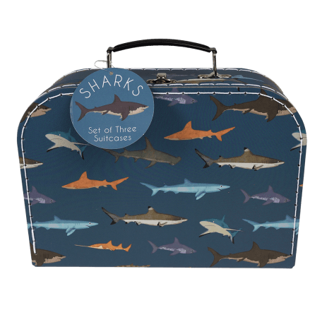 Cardboard storage case in dark blue with sharks print and white stitching and dark blue handle