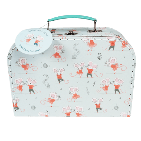 Cardboard storage case in pale aqua with dancing mouse characters print and white stitching and teal handle