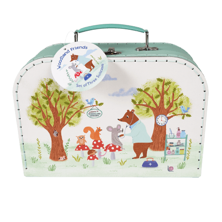 Cardboard storage case in white and pale green with woodland surgery scene print and teal stitching and handle