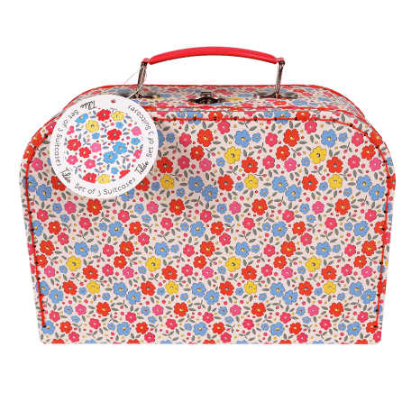 Cardboard storage case in pink with floral print and red stitching and handle