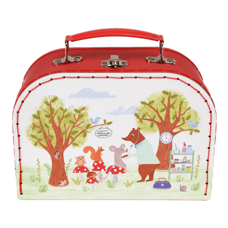 Wooden doctor's play set case in red with woodland animal surgery scene