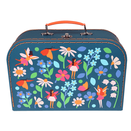 Tea party set carrying case in dark blue with fairies among flowers print