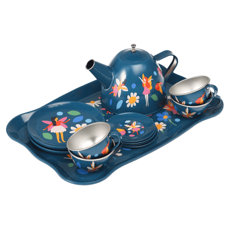 Fairies in the Garden tea party set with pieces stacked on serving tray