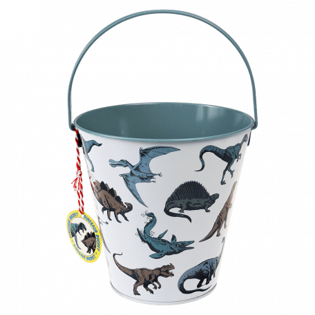 Metal bucket in white and blue-green with print of dinosaurs