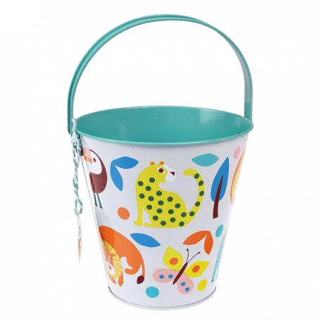 Metal bucket in white and teal with colourful print of wild animals