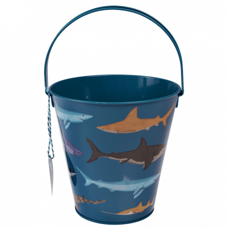 Metal bucket in dark blue with print of sharks