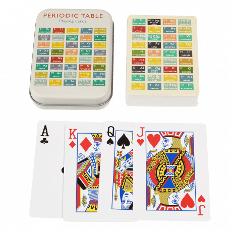 Standard deck of playing cards with print of periodic table on ecru background on backs plus metal tin