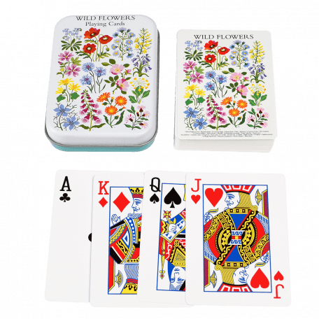 Standard deck of playing cards with print of wild flowers on white background on backs plus metal tin