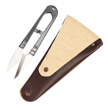 Mini garden snips next to faux leather pouch